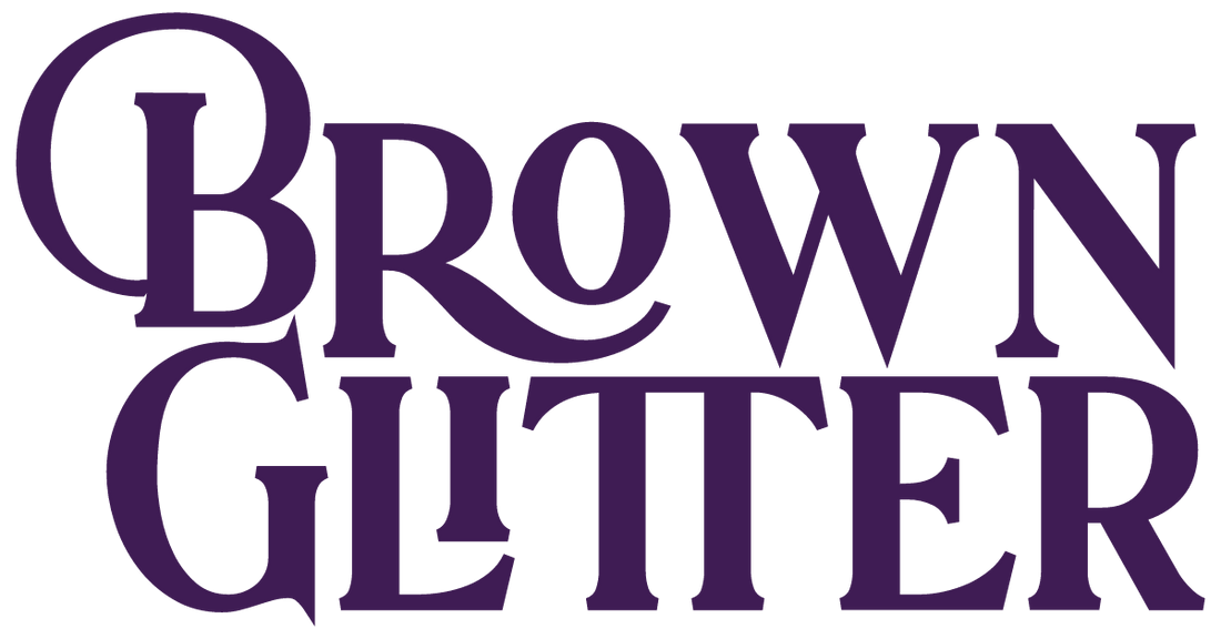 Brown Glitter logo in deep purple font color 