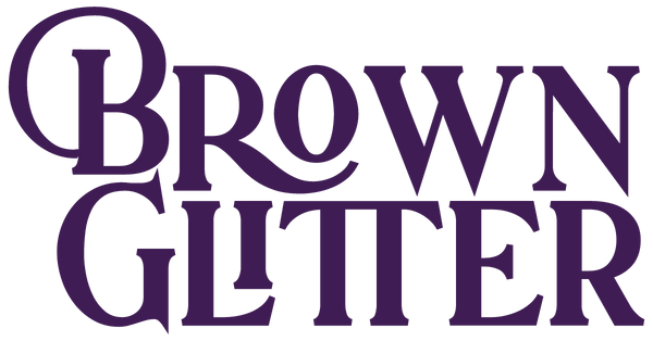 Brown Glitter logo in deep purple font color 